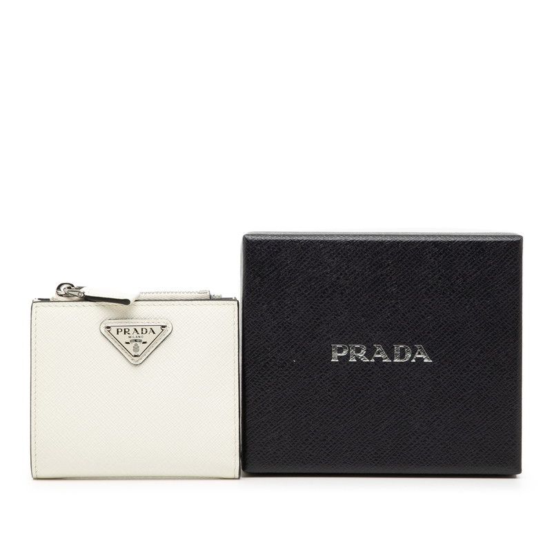 Prada Triangle Logo Bifold Wallet Compact White Saffiano Leather