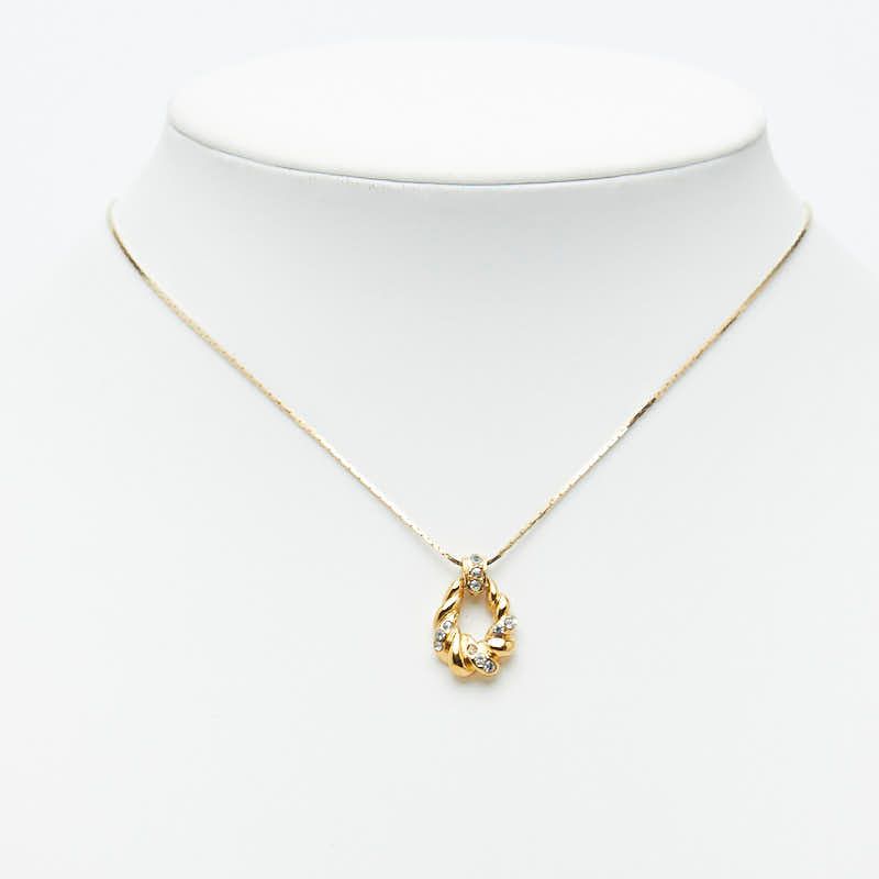 Saint Laurent Logo Open Drop Pendant Necklace Gold Plated Line Stone