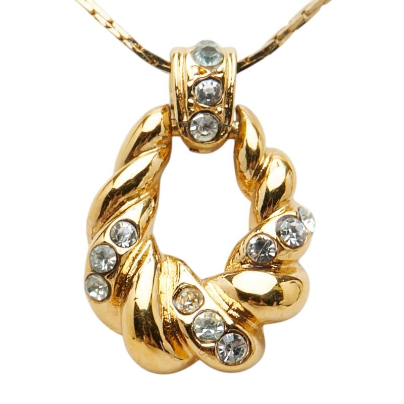 Saint Laurent Logo Open Drop Pendant Necklace Gold Plated Line Stone
