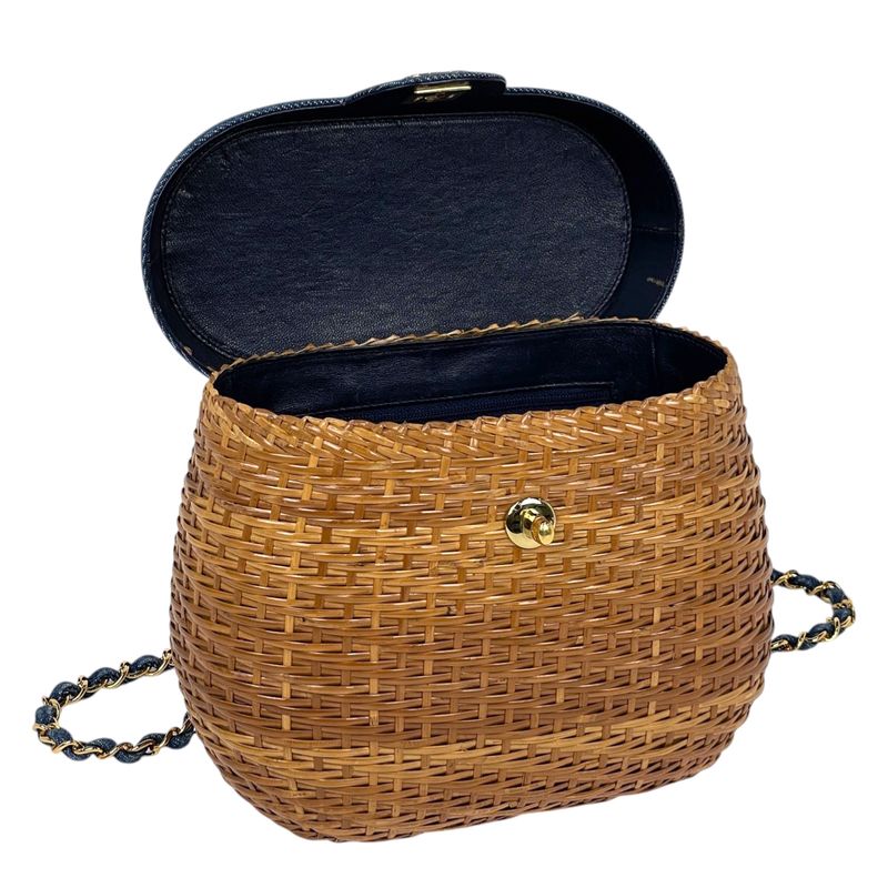 Chanel CC Logo Chain Shoulder Bag Basket Bag Rattan Brown Blue