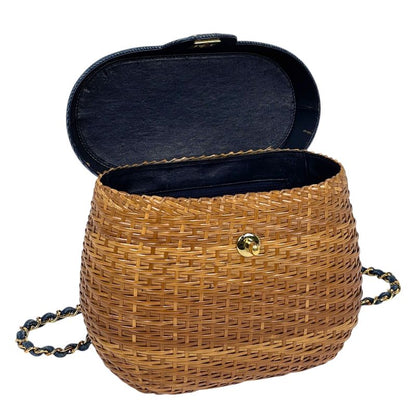 Chanel CC Logo Chain Shoulder Bag Basket Bag Rattan Brown Blue