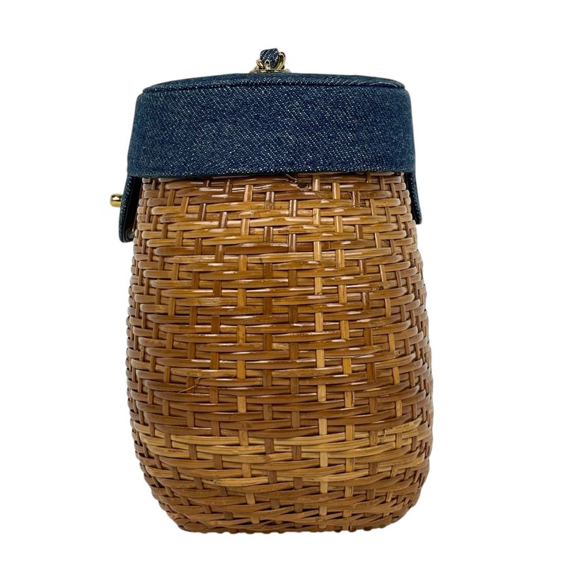Chanel CC Logo Chain Shoulder Bag Basket Bag Rattan Brown Blue