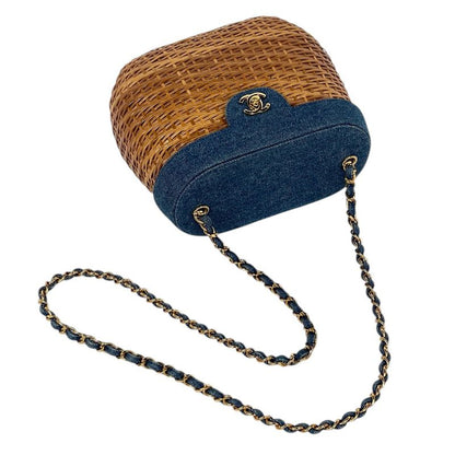 Chanel CC Logo Chain Shoulder Bag Basket Bag Rattan Brown Blue