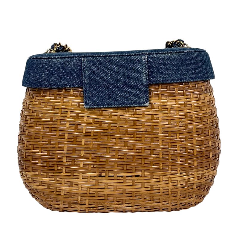 Chanel CC Logo Chain Shoulder Bag Basket Bag Rattan Brown Blue
