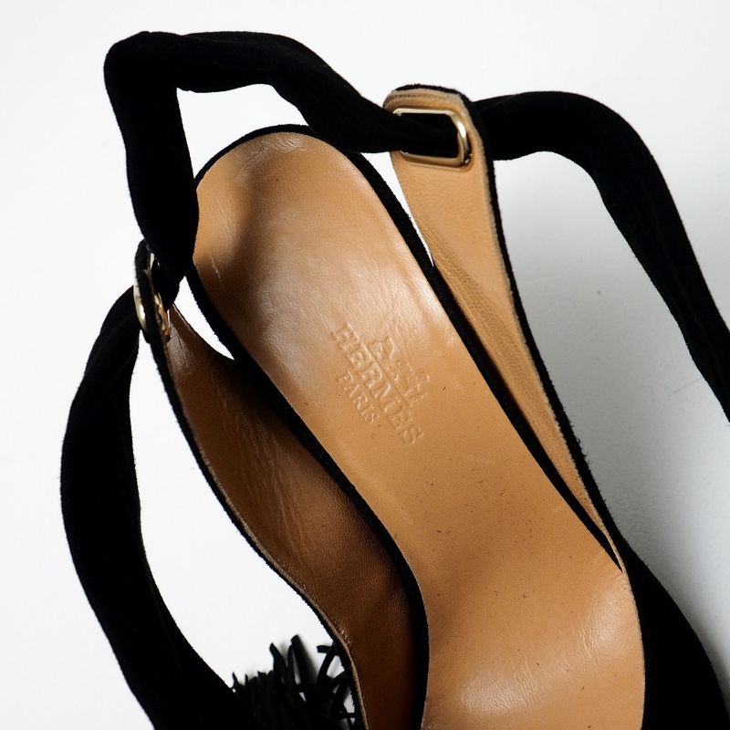 Hermes Sandals 34.5 Fringe Nubuck Ribbon Shoes