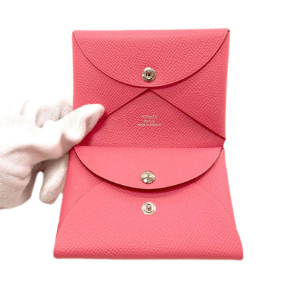 Hermes Calvi Duo Rose Azalea Silver Card Case Epsom