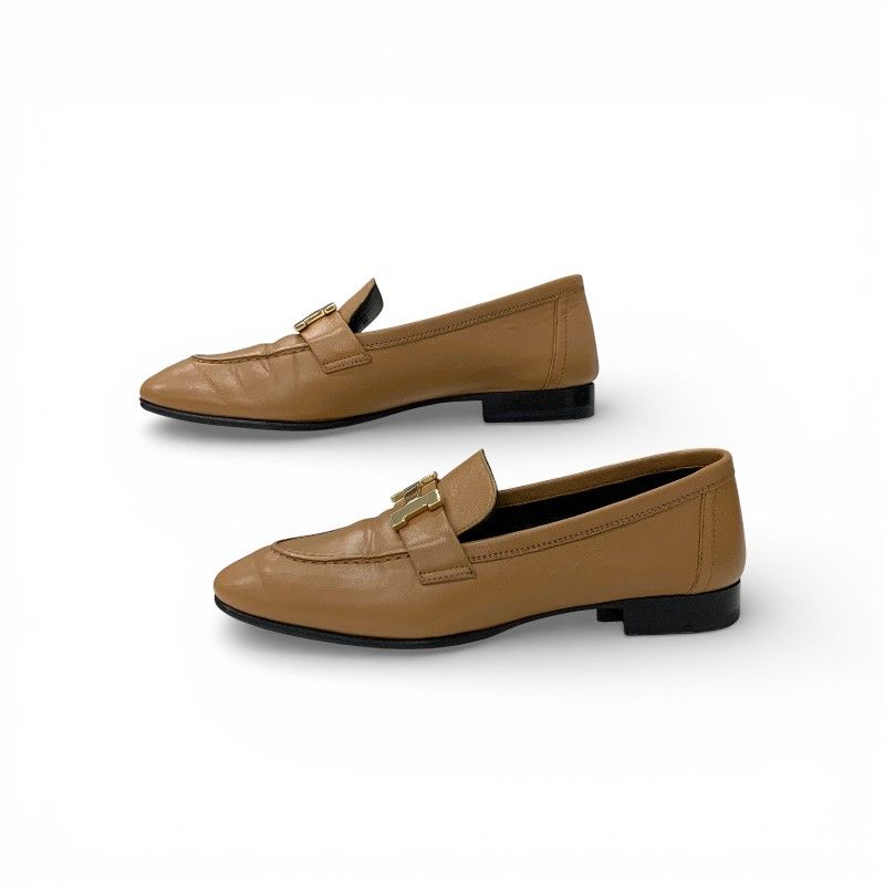 Hermes Paris Loafers Shoes Leather Natural Gold Hhardware Moccasins