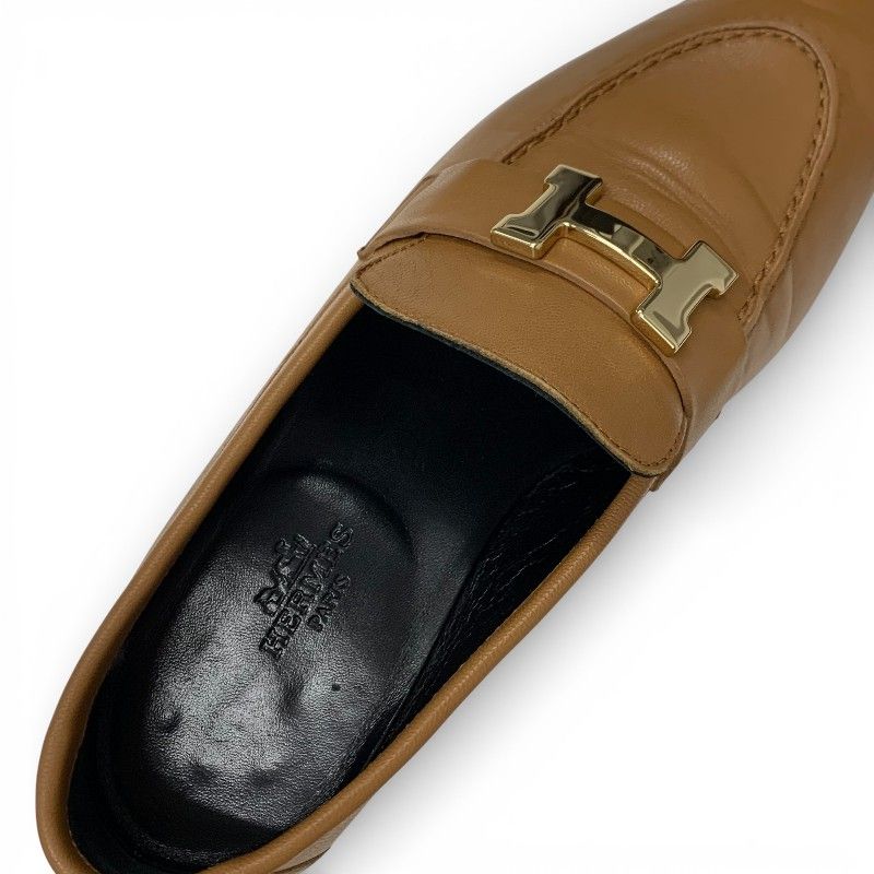 Hermes Paris Loafers Shoes Leather Natural Gold Hhardware Moccasins