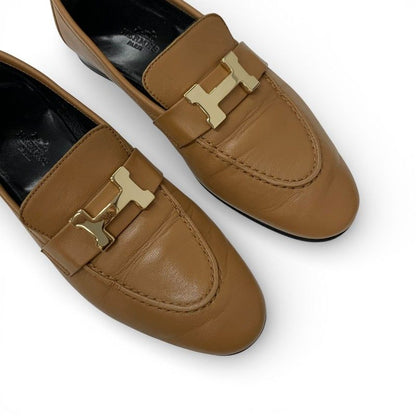 Hermes Paris Loafers Shoes Leather Natural Gold Hhardware Moccasins