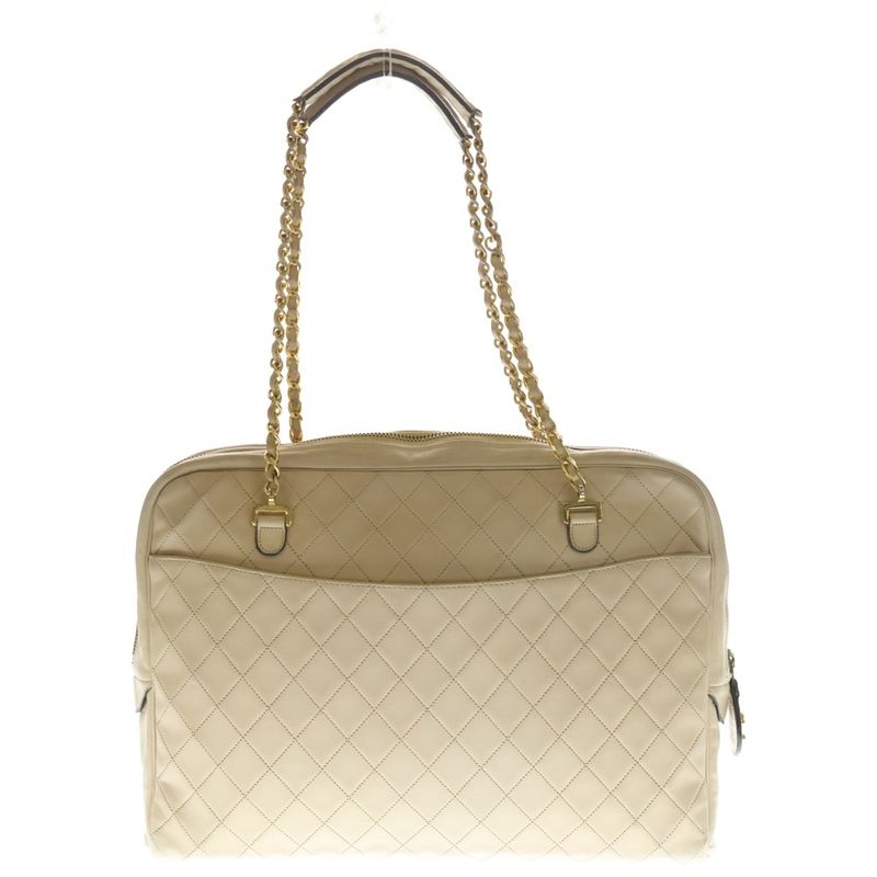 Chanel Quilted 35 Chain Shoulder Bag Beige Leather Gold