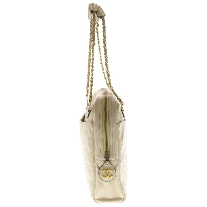 Chanel Quilted 35 Chain Shoulder Bag Beige Leather Gold
