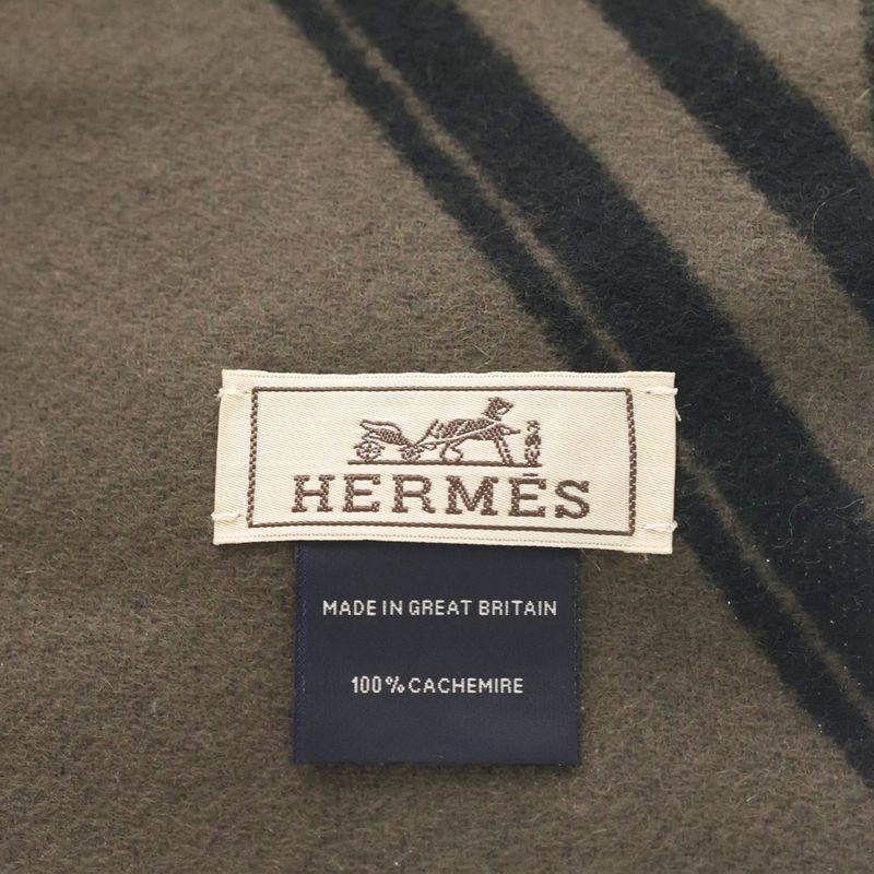 Hermes Zigzag Sangles Fringe Scarf Shawl Cashmere Dark Brown