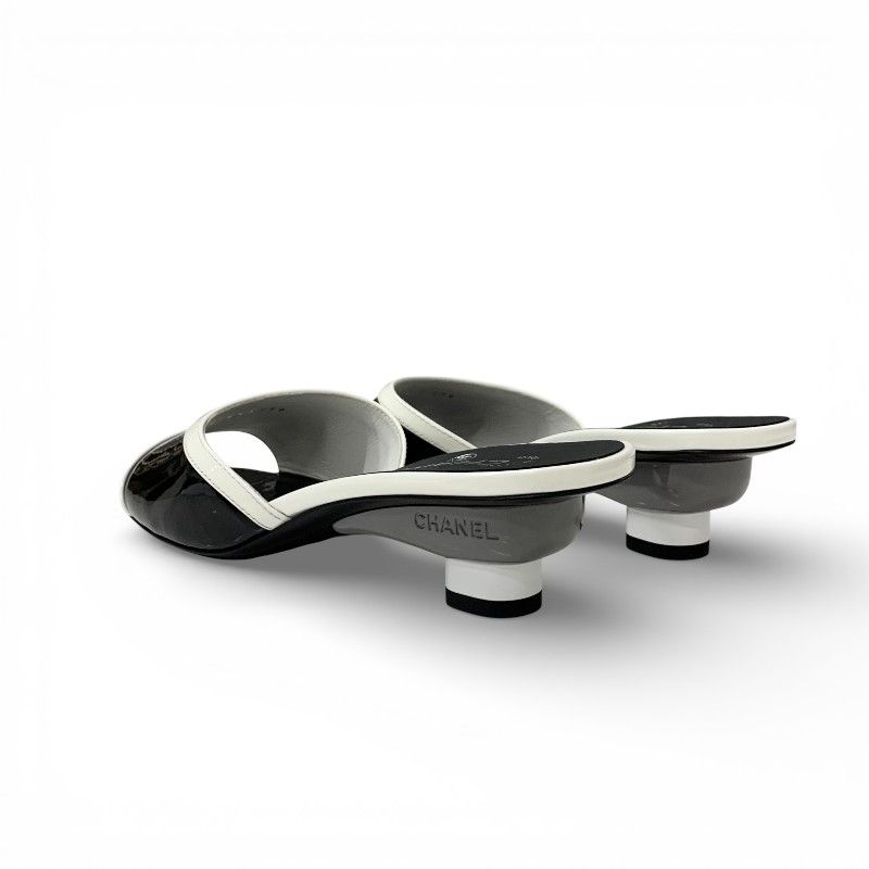 Chanel Sandals Shoes Patent Black White Logo Mule