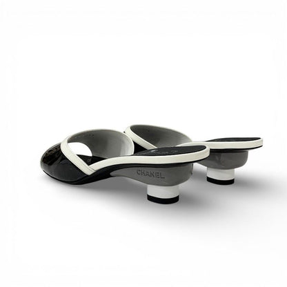 Chanel Sandals Shoes Patent Black White Logo Mule