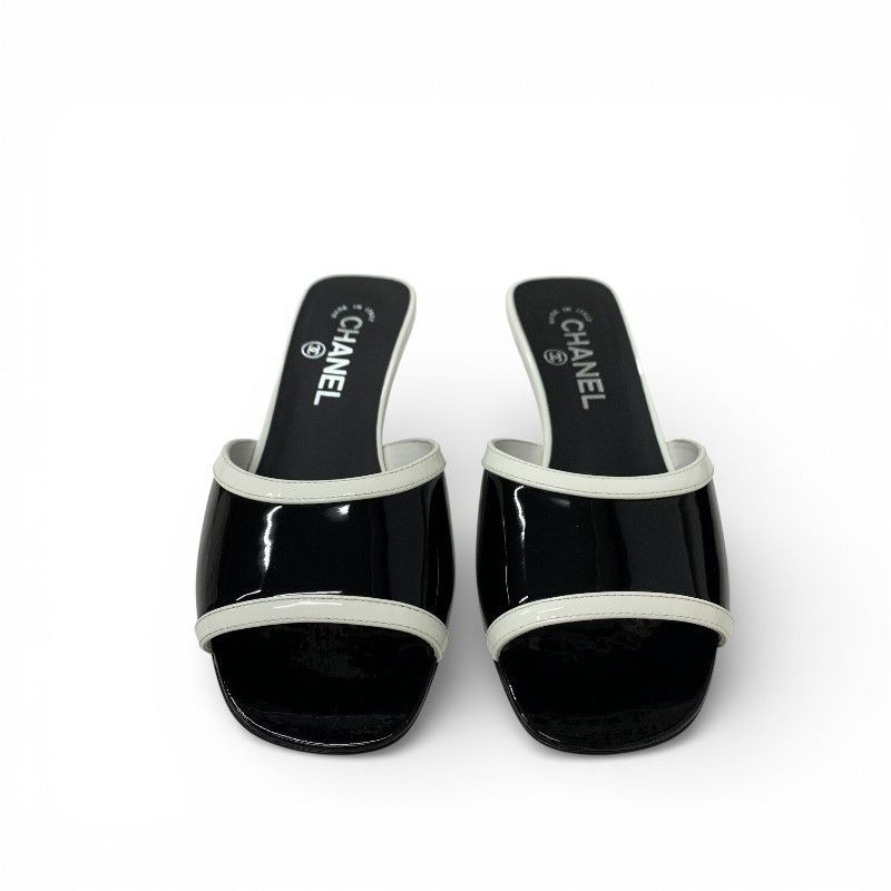 Chanel Sandals Shoes Patent Black White Logo Mule