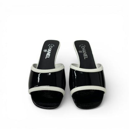 Chanel Sandals Shoes Patent Black White Logo Mule