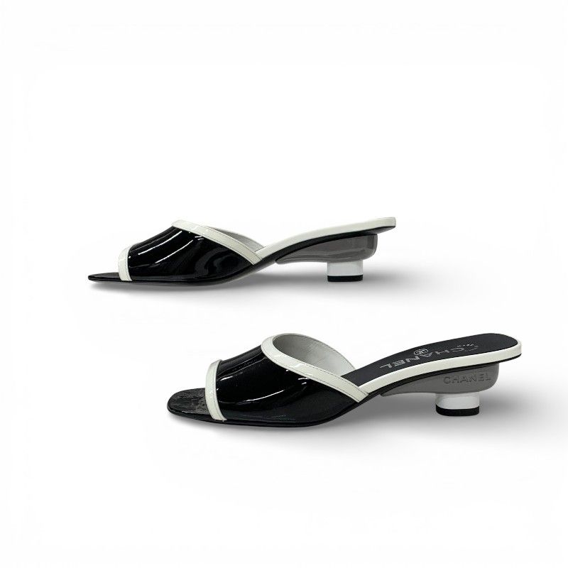 Chanel Sandals Shoes Patent Black White Logo Mule