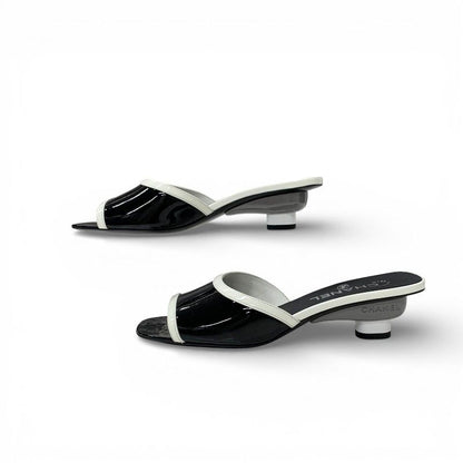 Chanel Sandals Shoes Patent Black White Logo Mule