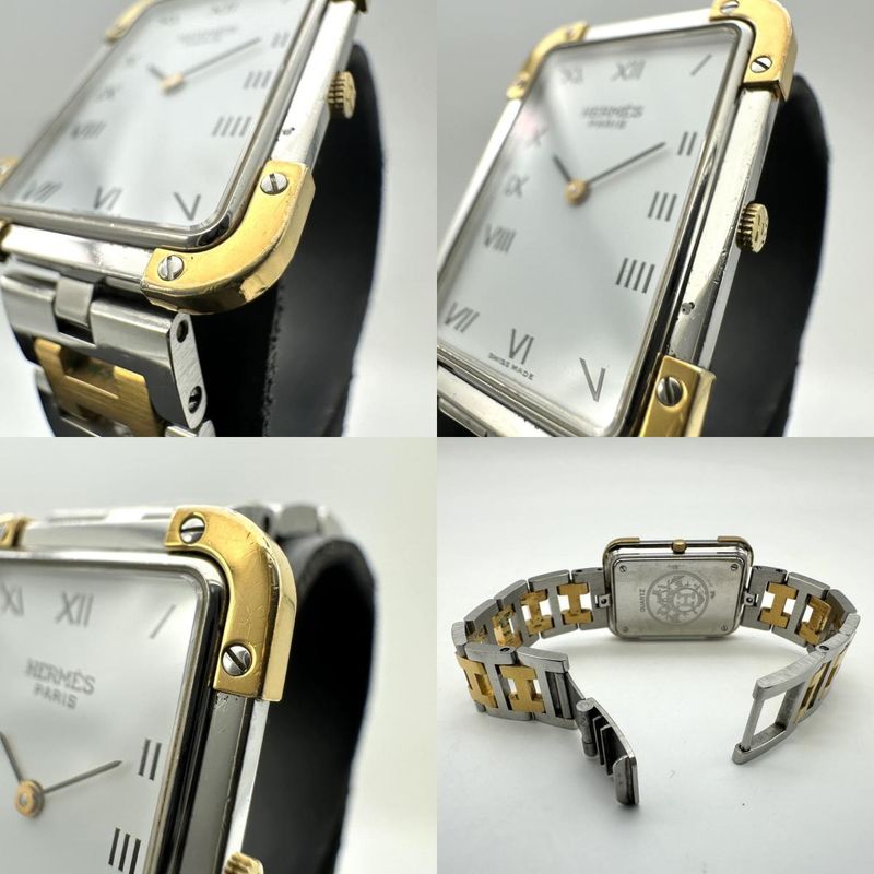 Hermes Croajour Watch with Extra Frames Quartz SS Silver Gold Vintage