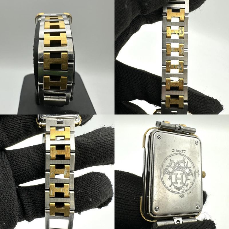 Hermes Croajour Watch with Extra Frames Quartz SS Silver Gold Vintage