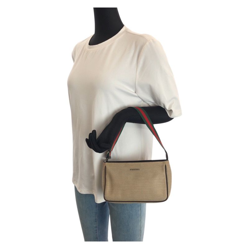 Gucci Sherry Line Beige Silver Canvas Leather Handbag Pouch