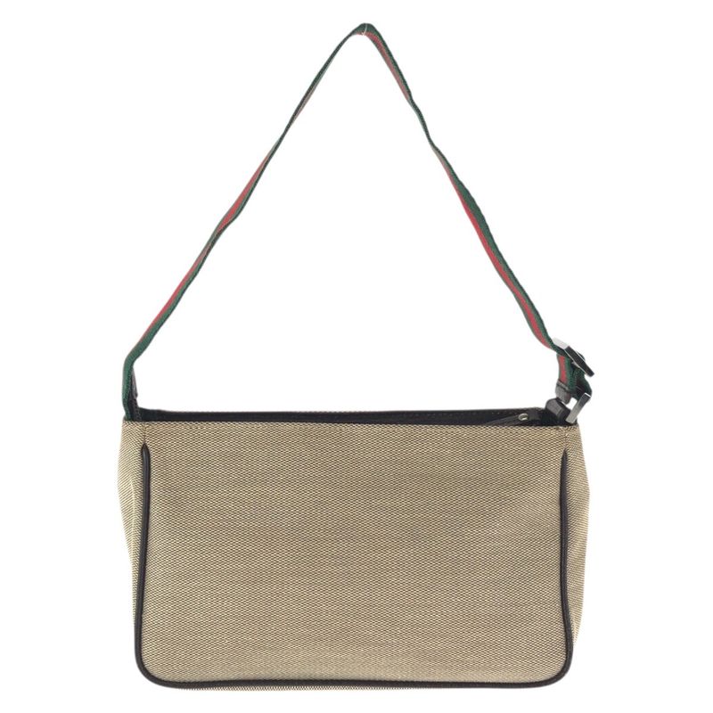 Gucci Sherry Line Beige Silver Canvas Leather Handbag Pouch