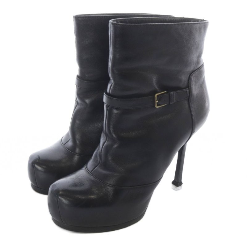 Saint Laurent Yves Short Boots Leather Pin Heel 35 Black