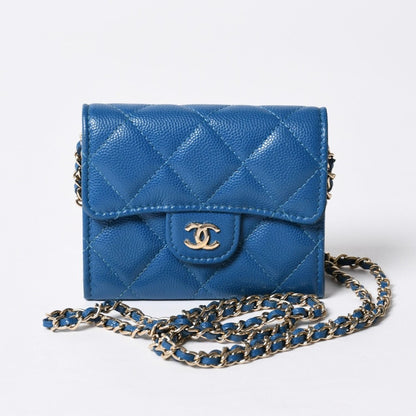Chanel Chain Wallet Coin Purse CC Logo Caviar Leather Blue