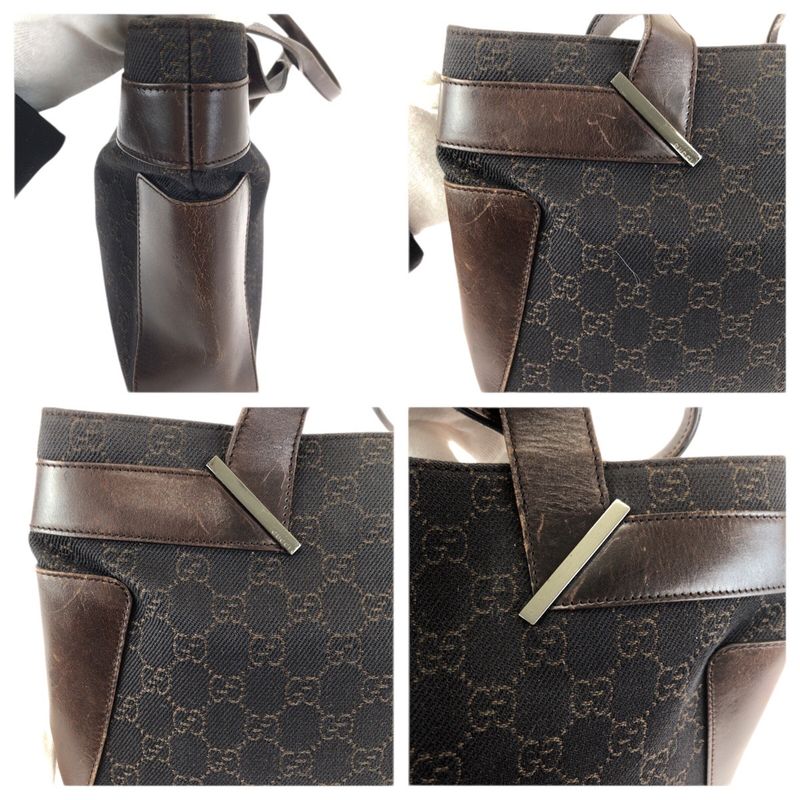 Gucci Dark Brown Silver GG Canvas Leather Tote Shoulder Bag