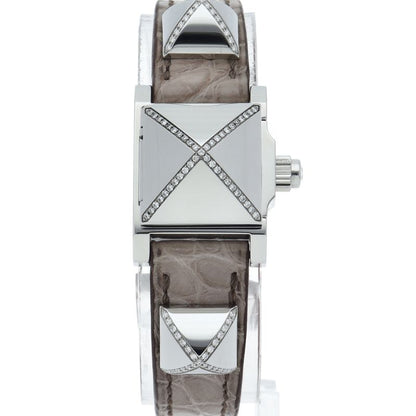 Hermes Mini Medall Diamond Watch Box SS Leather White Polished