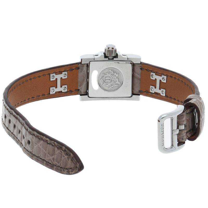 Hermes Mini Medall Diamond Watch Box SS Leather White Polished