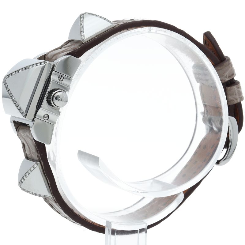 Hermes Mini Medall Diamond Watch Box SS Leather White Polished
