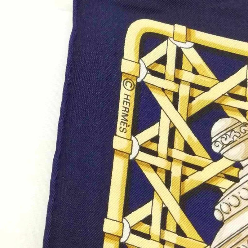 Hermes Feux de Route Carriage Lantern Carre 90 Large Scarf Navy Red Beige