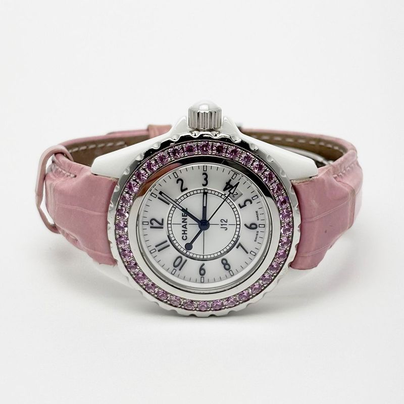 Chanel Watch Quartz Pink Saffiano Ceramic White Silver Luxury