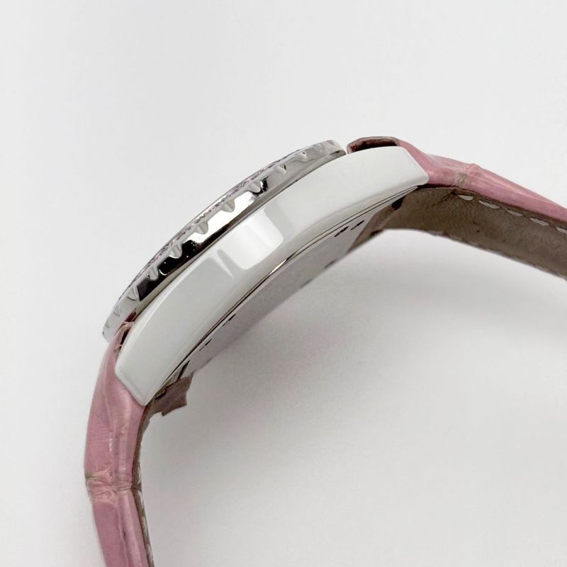 Chanel Watch Quartz Pink Saffiano Ceramic White Silver Luxury