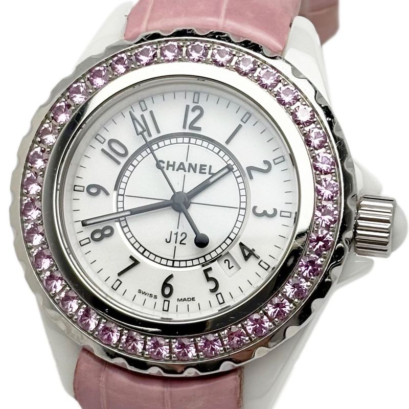 Chanel Watch Quartz Pink Saffiano Ceramic White Silver Luxury