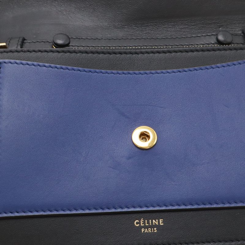 Celine Pocket Large Flap Chain Wallet Shoulder Bag 2-Way Clutch Leather Black