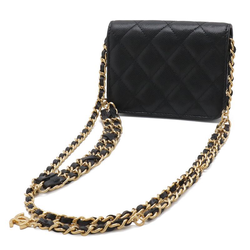 Chanel Quilted CC Logo Belt Bag Chain Pouch Caviar Leather Black Gold