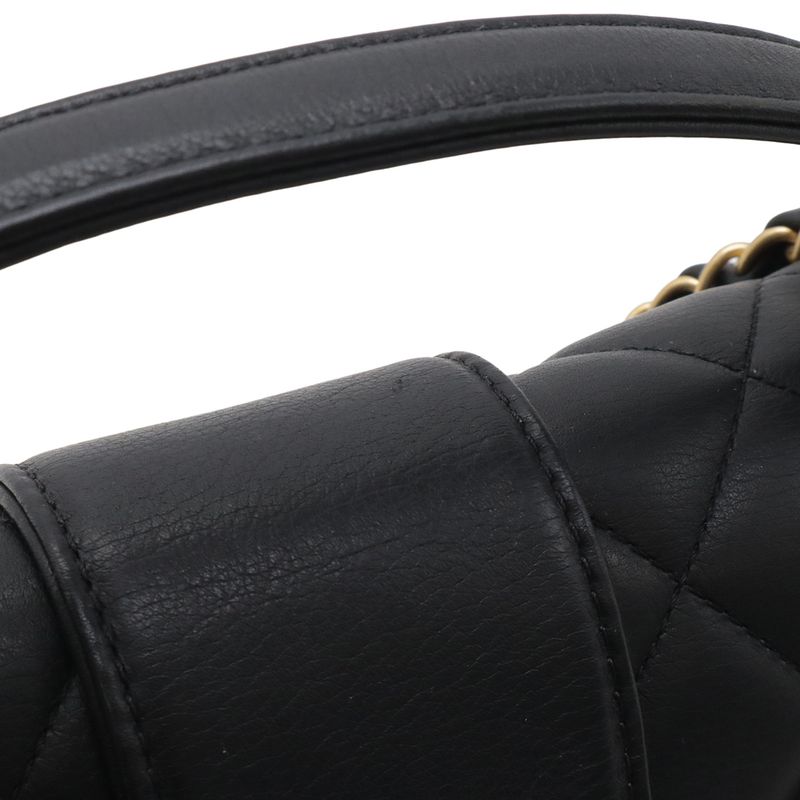 Chanel Quilted Stitch Top Handle 2-Way Chain Shoulder Bag Leather Black Gold
