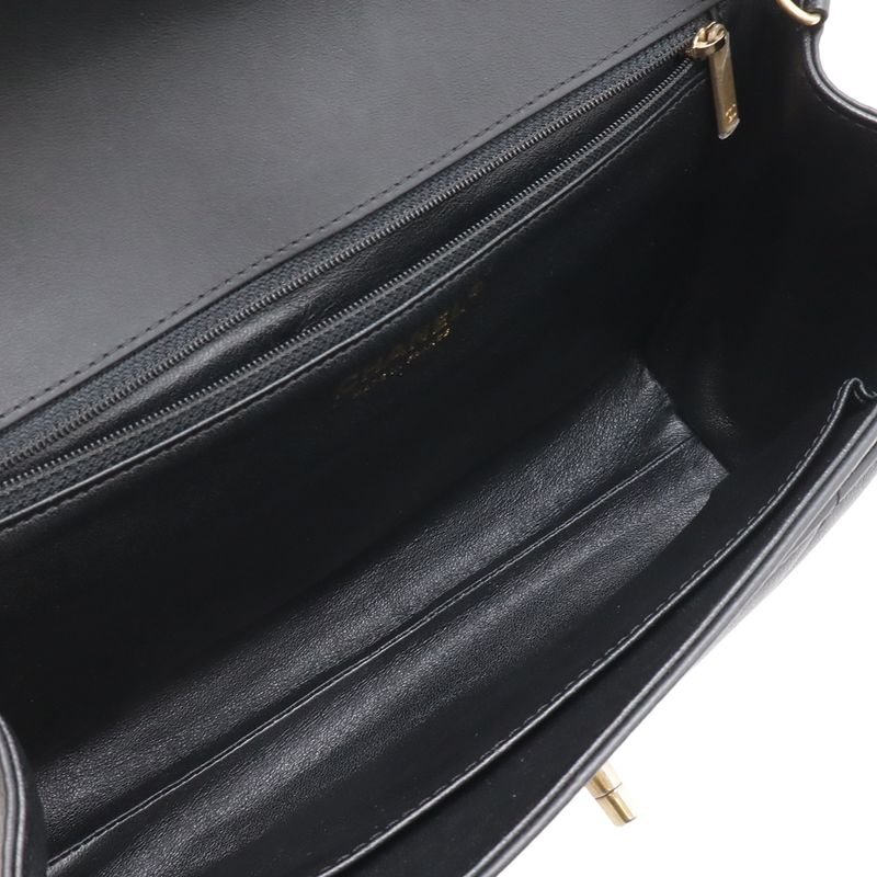 Chanel Quilted Stitch Top Handle 2-Way Chain Shoulder Bag Leather Black Gold