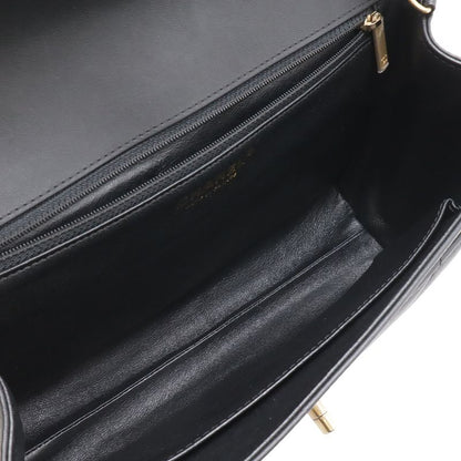 Chanel Quilted Stitch Top Handle 2-Way Chain Shoulder Bag Leather Black Gold