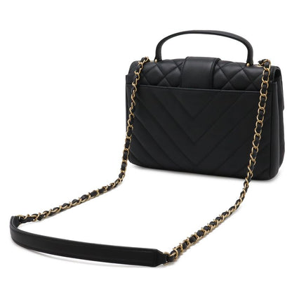 Chanel Quilted Stitch Top Handle 2-Way Chain Shoulder Bag Leather Black Gold