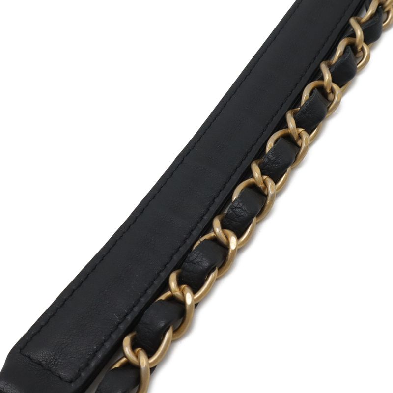 Chanel Quilted Stitch Top Handle 2-Way Chain Shoulder Bag Leather Black Gold