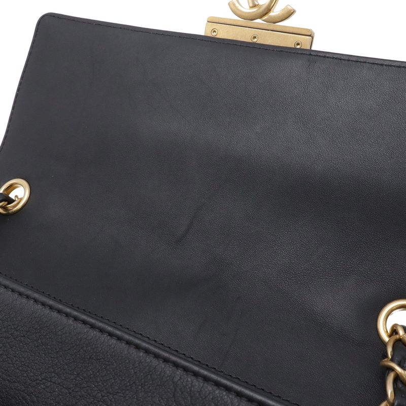 Chanel Quilted Stitch Top Handle 2-Way Chain Shoulder Bag Leather Black Gold