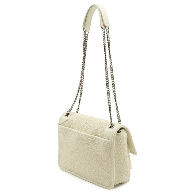 Saint Laurent Paris Yves YSL Niki Baby Chain Shoulder Cles Tweed Leather White