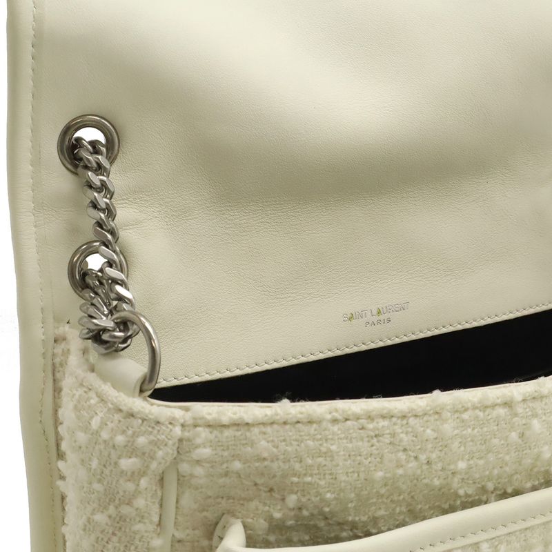Saint Laurent Paris Yves YSL Niki Baby Chain Shoulder Cles Tweed Leather White