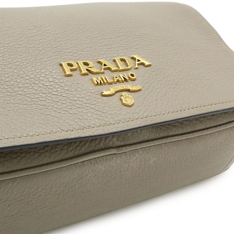 Prada Pochette Shoulder Bag Flap Crossbody Leather Gray Gold