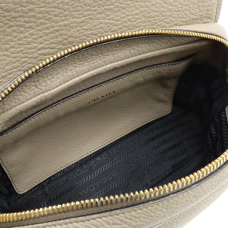 Prada Pochette Shoulder Bag Flap Crossbody Leather Gray Gold