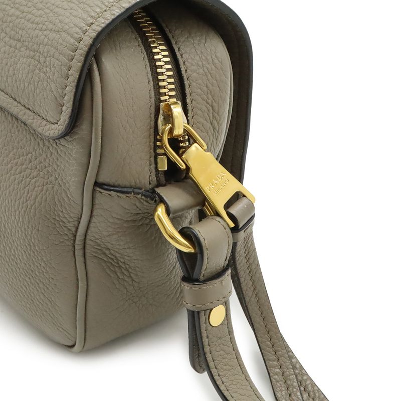 Prada Pochette Shoulder Bag Flap Crossbody Leather Gray Gold