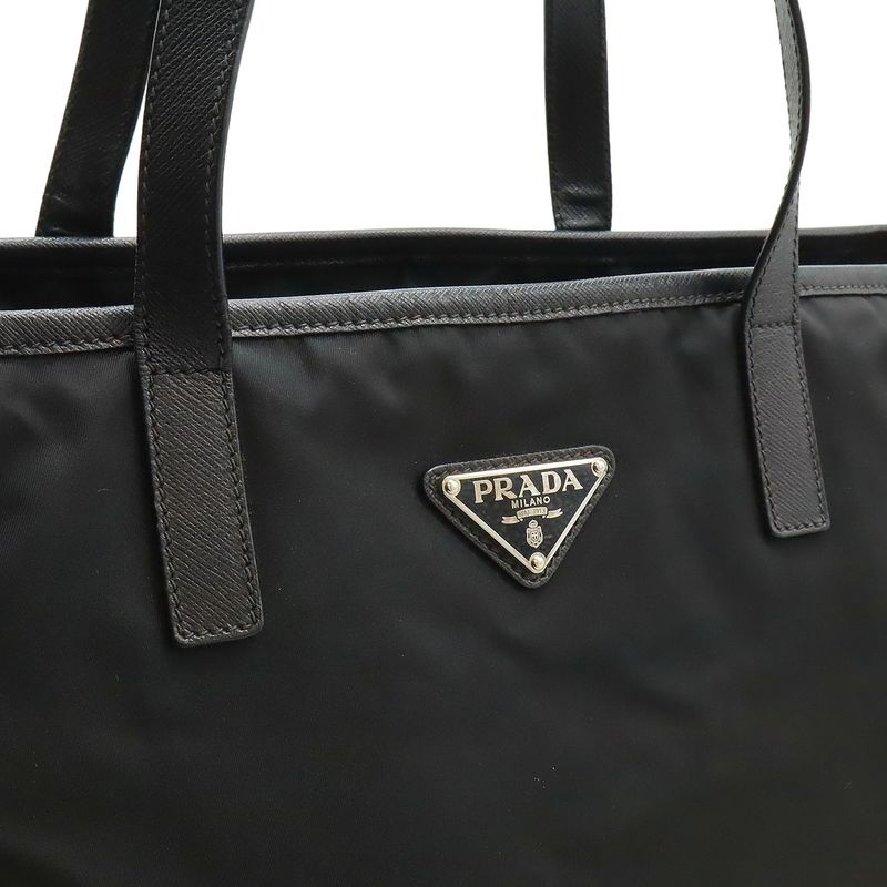 Prada Triangle Logo Tote Large Shoulder Bag Nylon Enamel Leather Nero Black